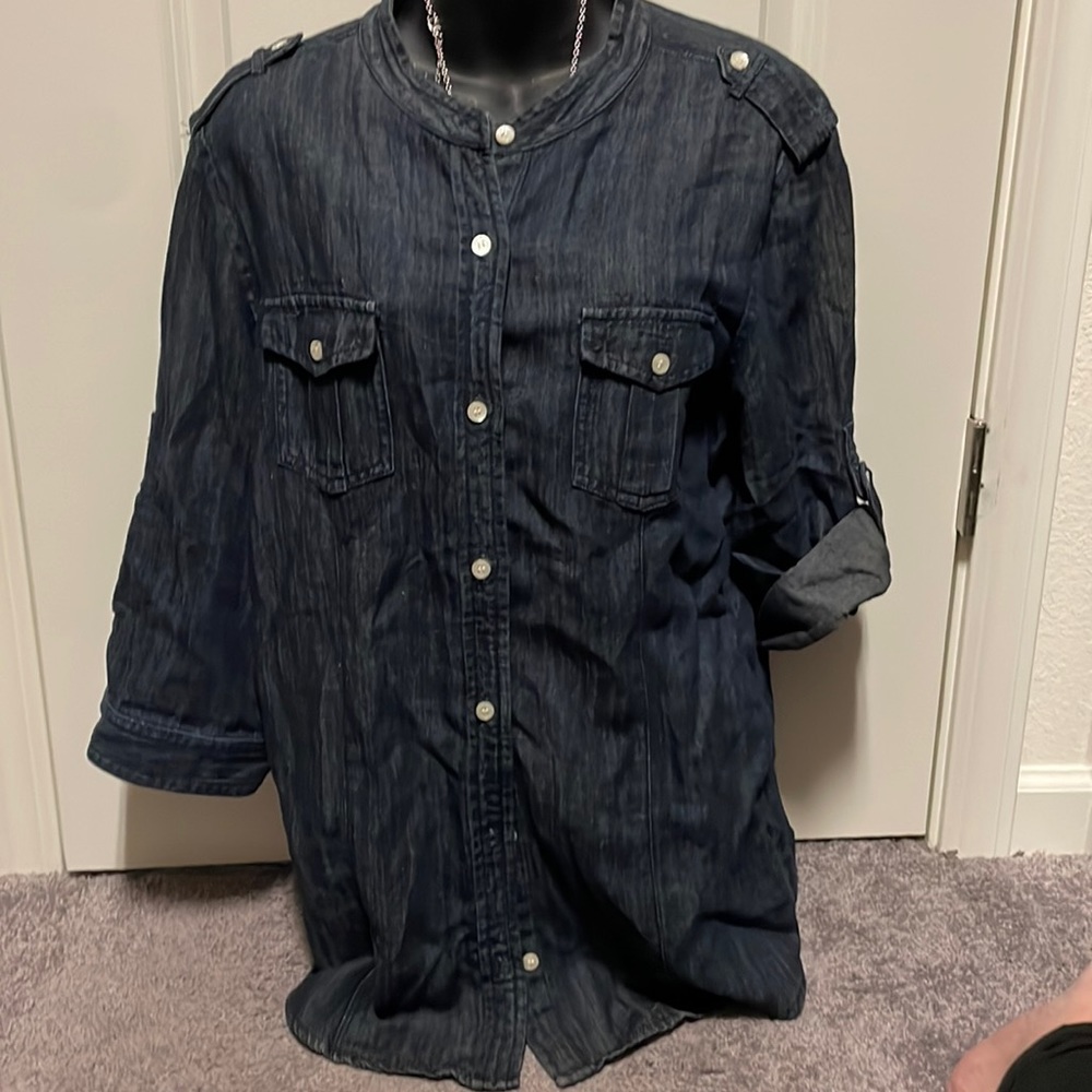 Dark Colored Jean Shirt no collar. 3/4 sleeve. Option to roll and button